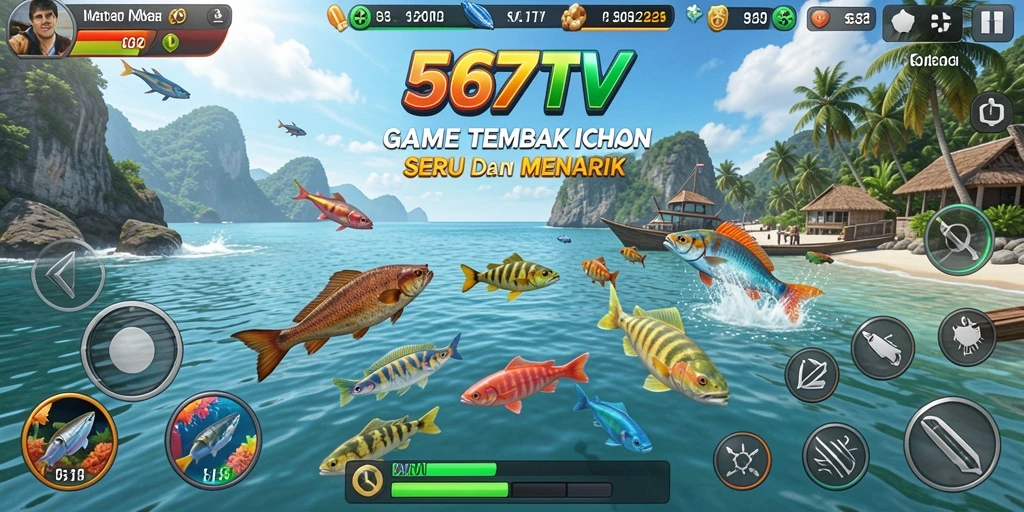Tampilan gameplay seru dalam 567TV dengan berbagai ikan menunggu untuk ditembak.