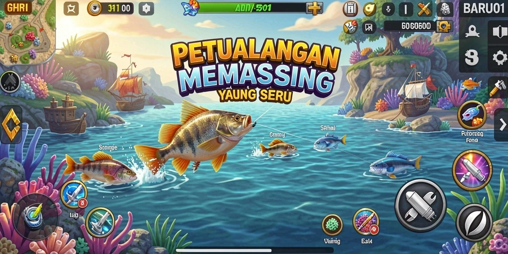 Tampilan gameplay seru saat memancing di danau yang indah.