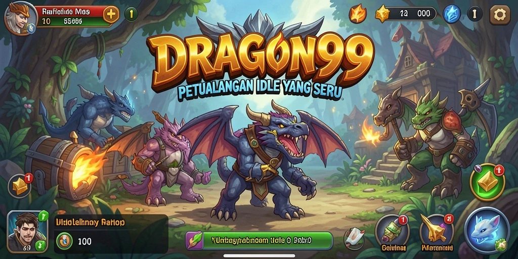 Screenshot gameplay Idle DRAGON99 dengan naga bertarung.